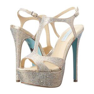 NWOB Blue by Betsey Johnson Crush Champagne Platform Rhinestone Heels